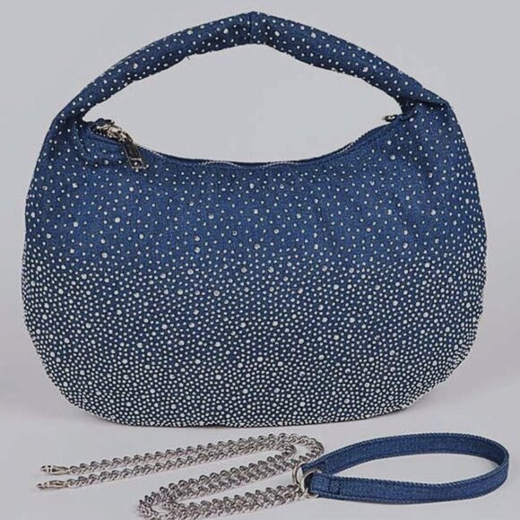 Rhinestone Denim Hobo Shoulder Bag | Chain Strap Crossbody NWT - Picture 1 of 11